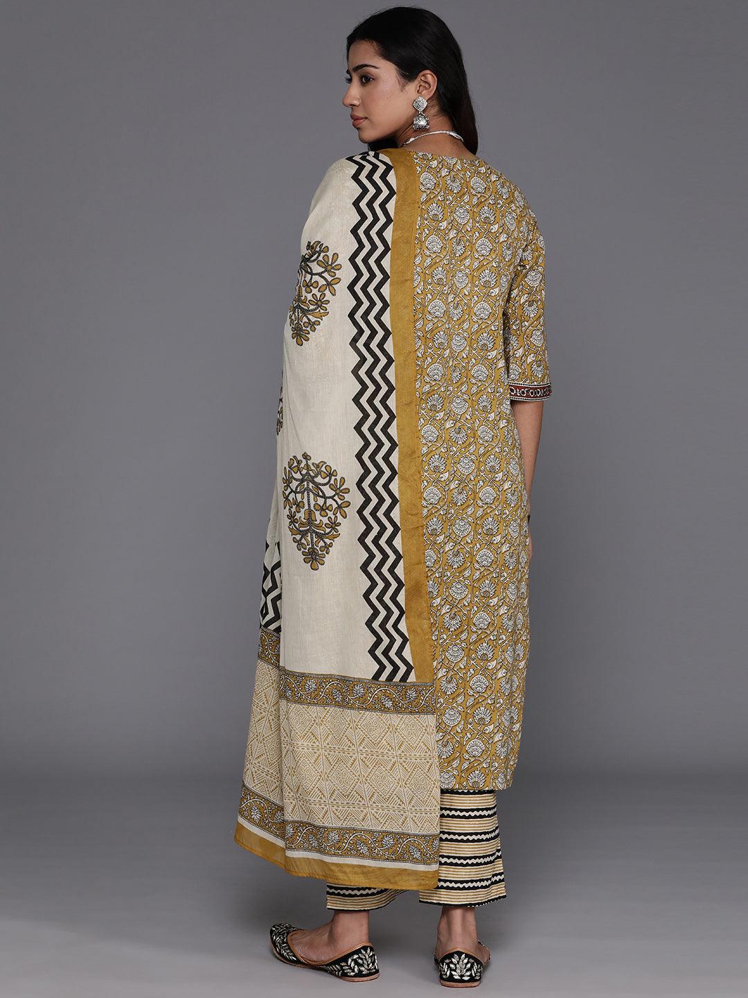 Mustard Printed Cotton Straight Kurta With Palazzos & Dupatta - ShopLibas