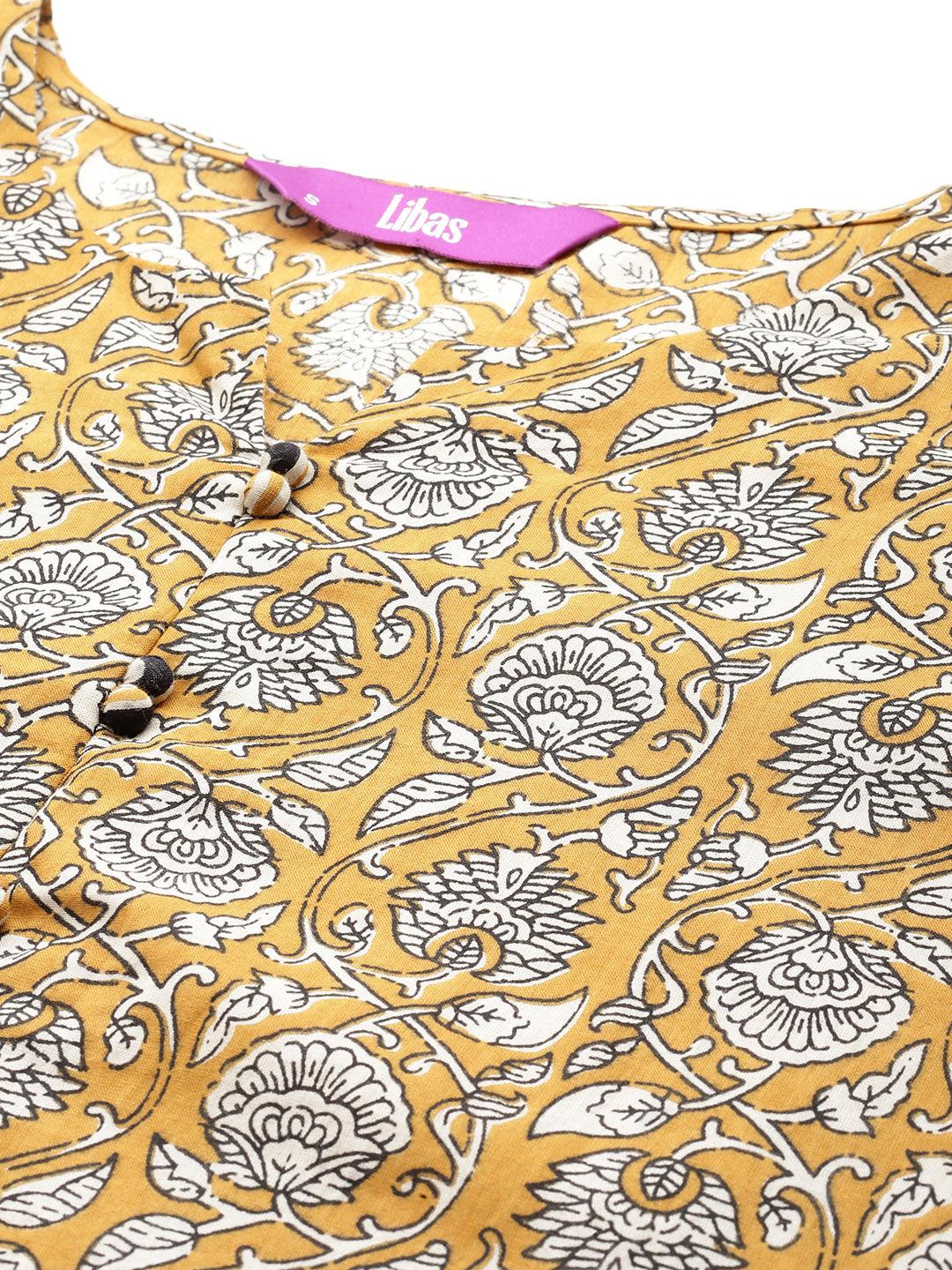 Mustard Printed Cotton Straight Kurta With Palazzos & Dupatta - ShopLibas