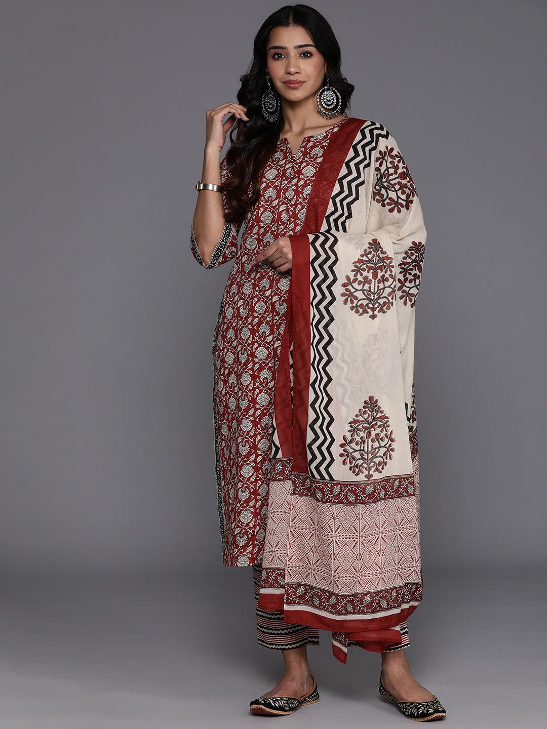 Maroon Printed Cotton Straight Kurta With Palazzos & Dupatta - ShopLibas