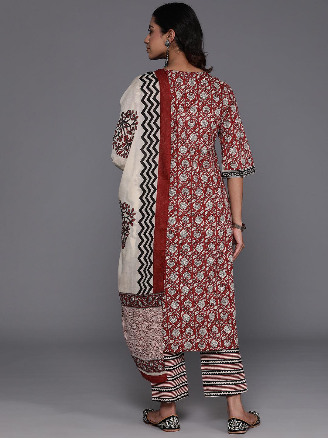 Maroon Printed Cotton Straight Kurta With Palazzos & Dupatta - ShopLibas