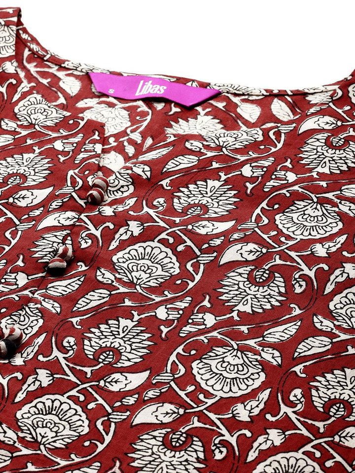 Maroon Printed Cotton Straight Kurta With Palazzos & Dupatta - ShopLibas