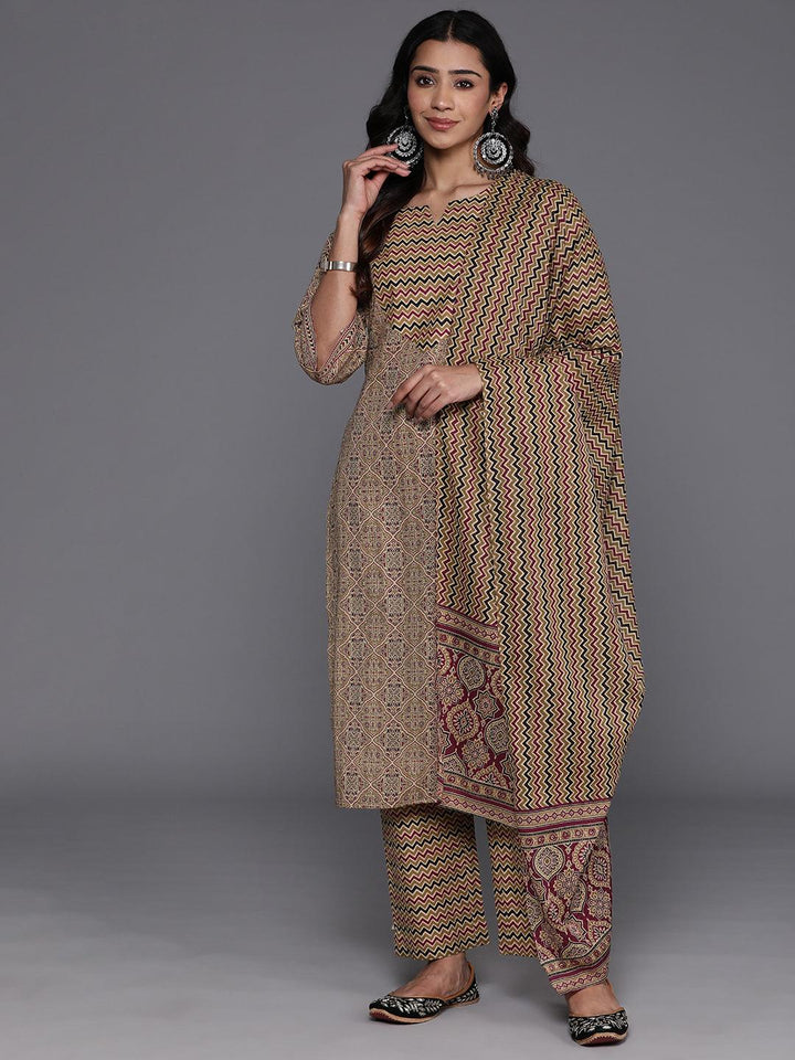 Olive Printed Cotton Straight Kurta With Palazzos & Dupatta - ShopLibas