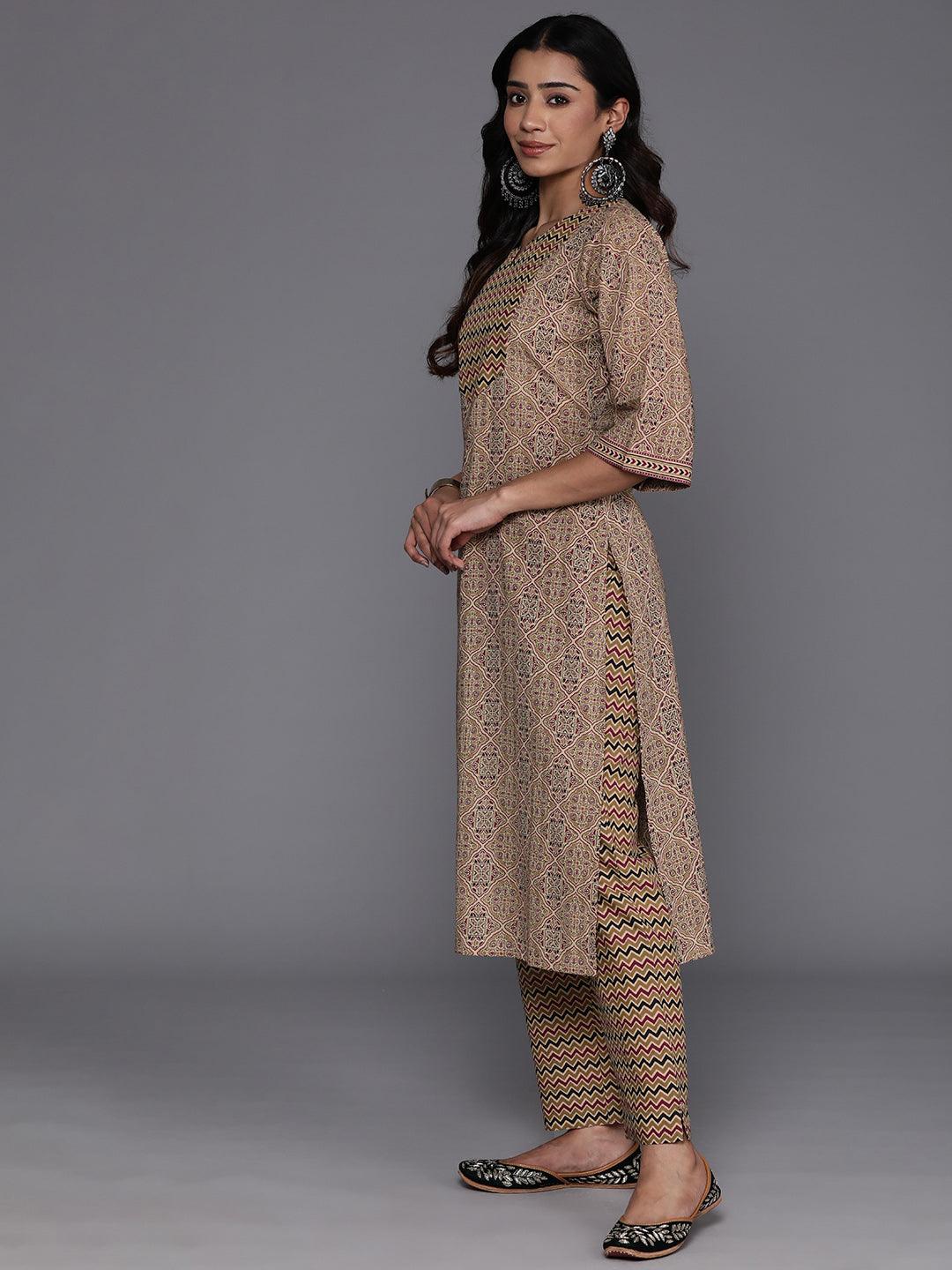 Olive Printed Cotton Straight Kurta With Palazzos & Dupatta - ShopLibas