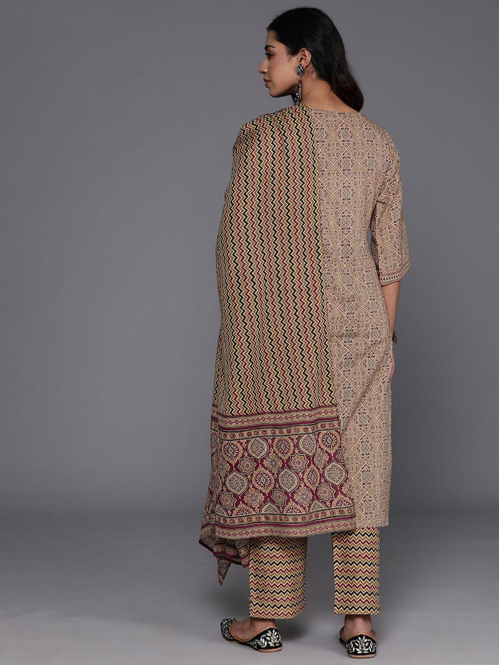 Olive Printed Cotton Straight Kurta With Palazzos & Dupatta - ShopLibas