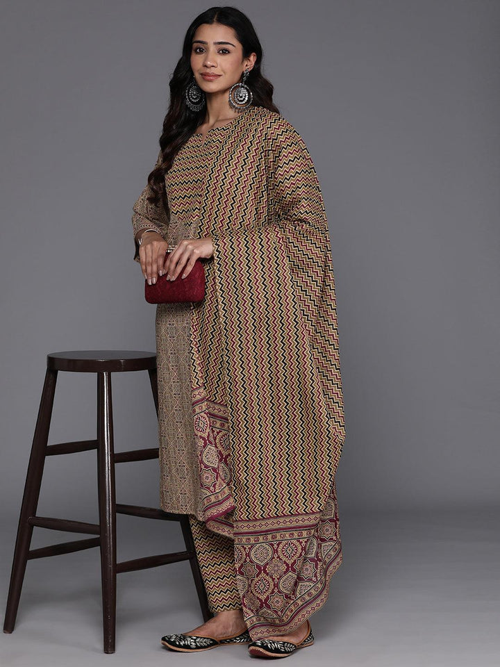 Olive Printed Cotton Straight Kurta With Palazzos & Dupatta - ShopLibas