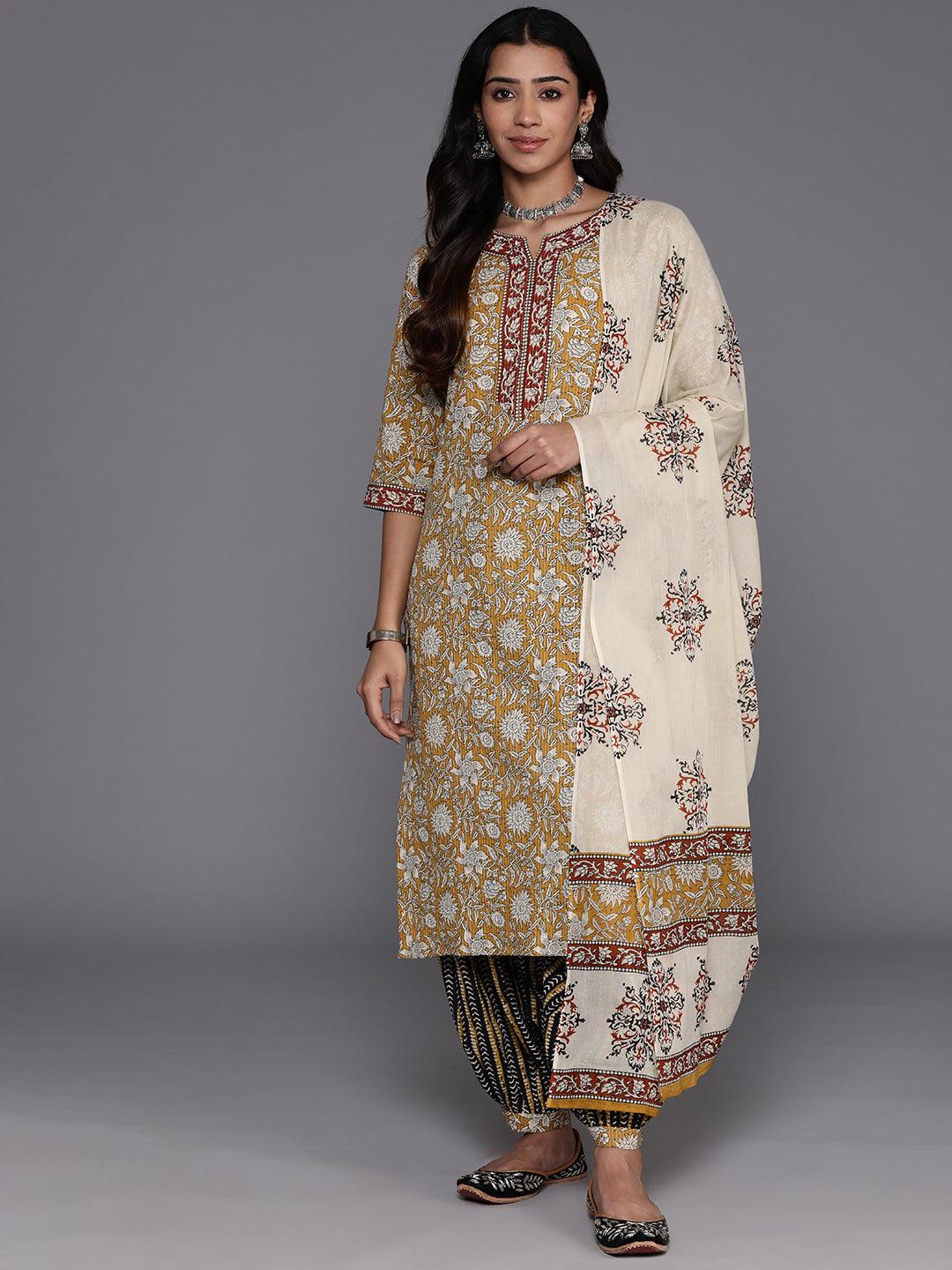 Mustard Printed Cotton Straight Kurta With Salwar & Dupatta - ShopLibas