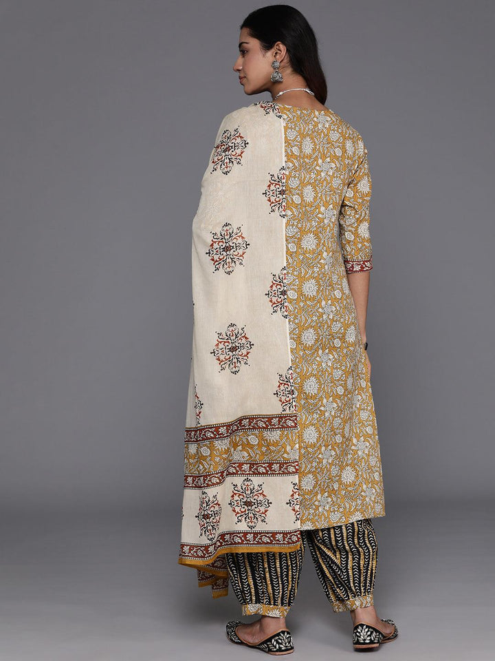 Mustard Printed Cotton Straight Kurta With Salwar & Dupatta - ShopLibas