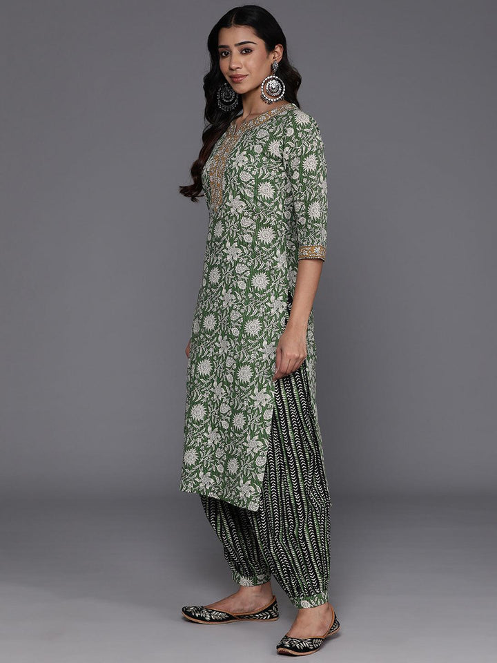 Green Printed Cotton Straight Kurta With Salwar & Dupatta - ShopLibas