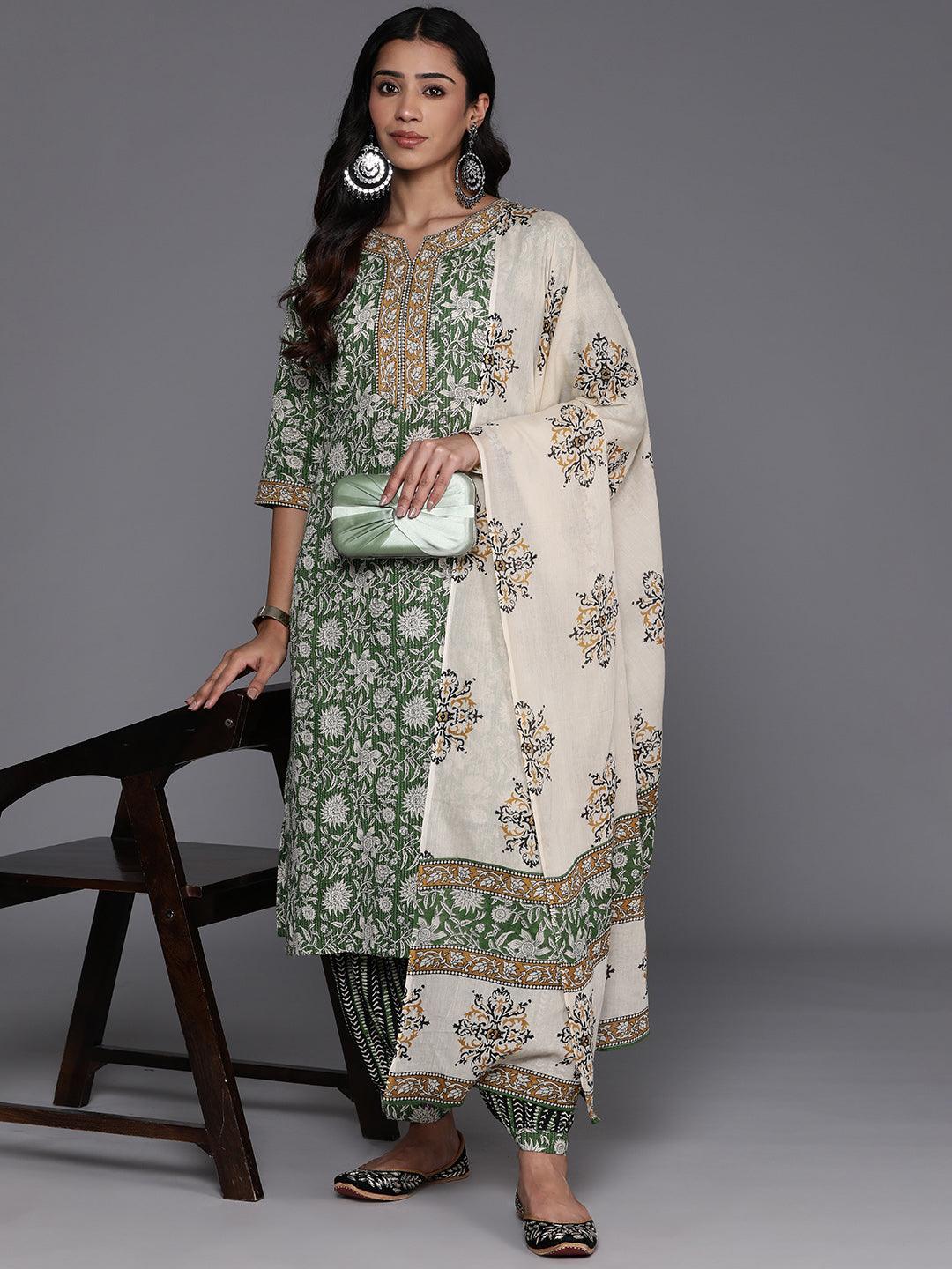 Green Printed Cotton Straight Suit With Dupatta