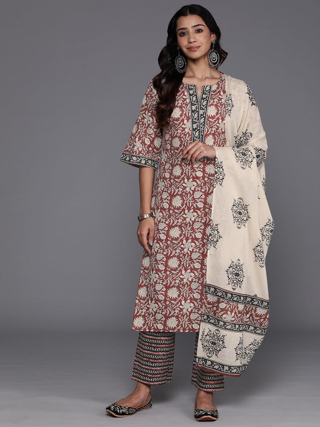 Maroon Printed Cotton Straight Kurta With Palazzos & Dupatta - ShopLibas