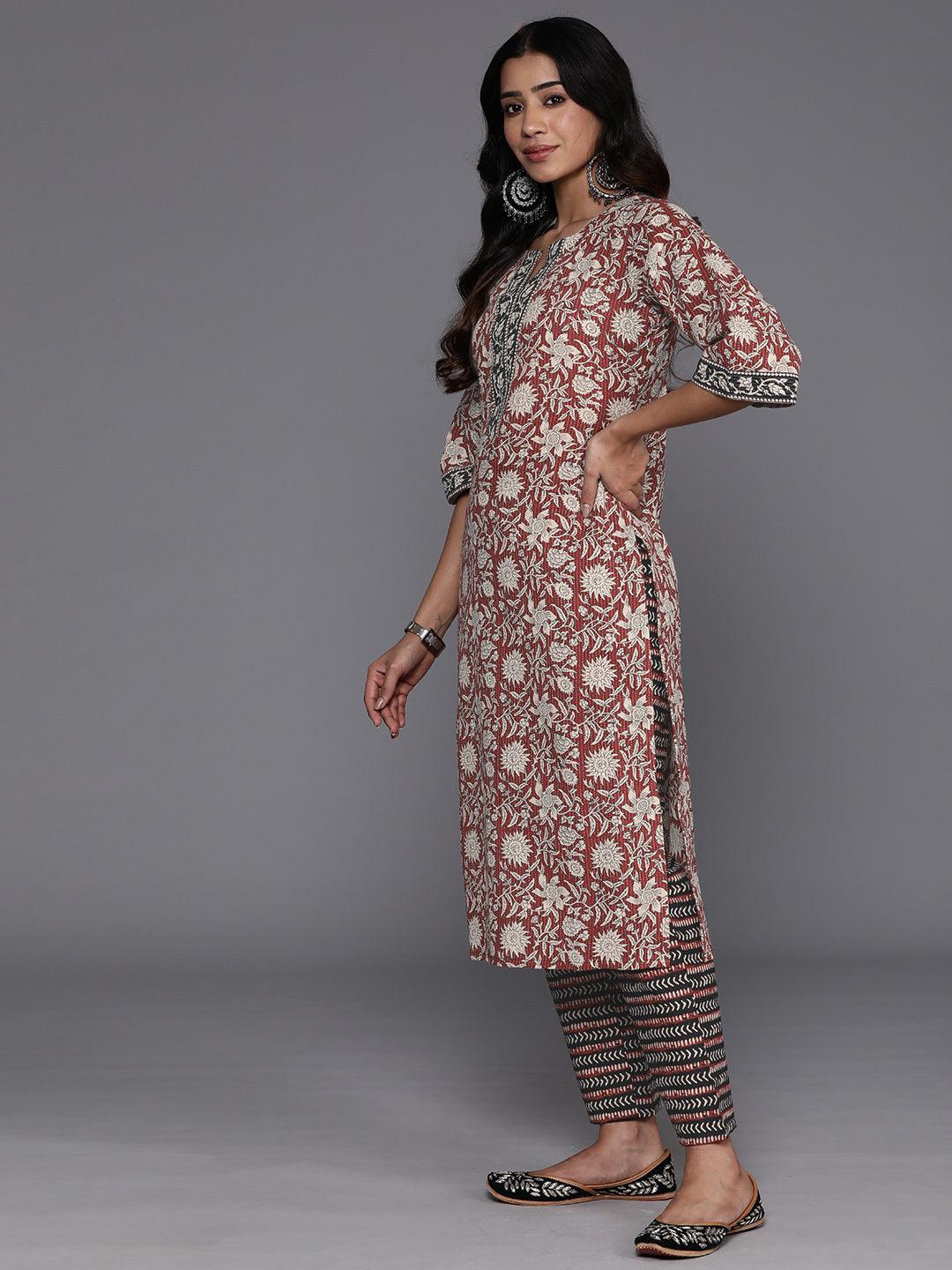 Maroon Printed Cotton Straight Kurta With Palazzos & Dupatta - ShopLibas