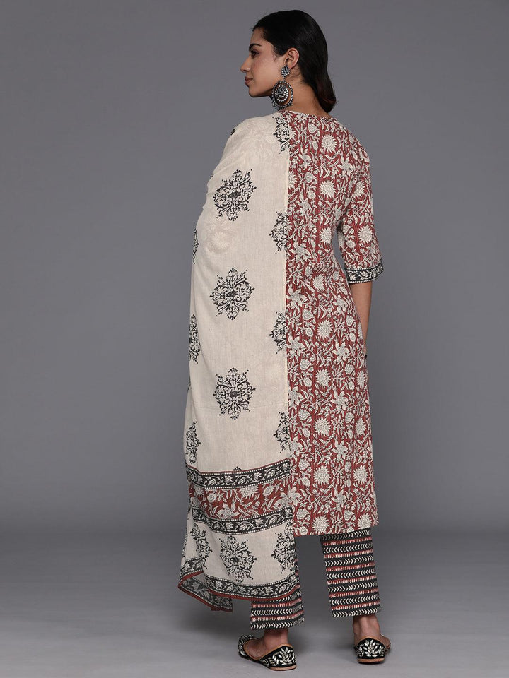 Maroon Printed Cotton Straight Kurta With Palazzos & Dupatta - ShopLibas