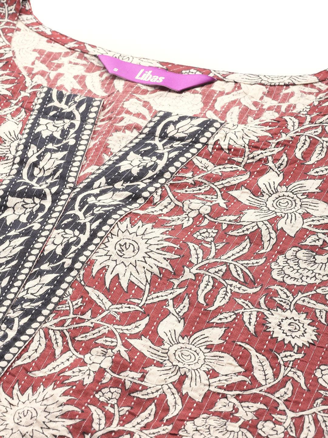 Maroon Printed Cotton Straight Kurta With Palazzos & Dupatta - ShopLibas