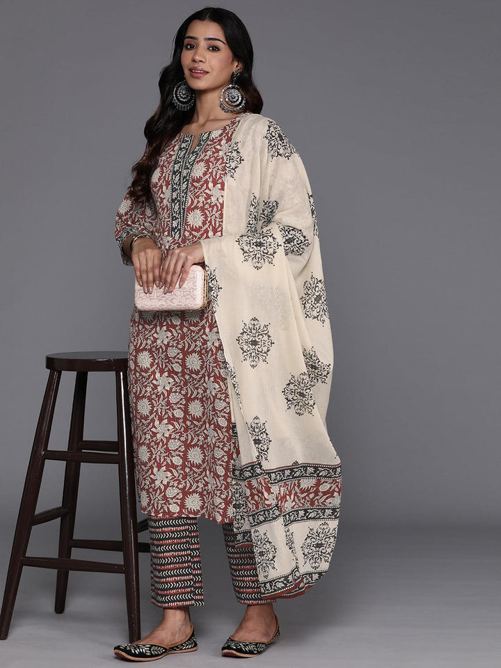 Maroon Printed Cotton Straight Kurta With Palazzos & Dupatta - ShopLibas