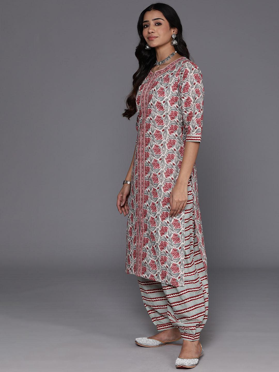 Grey Printed Cotton Straight Suit With Dupatta