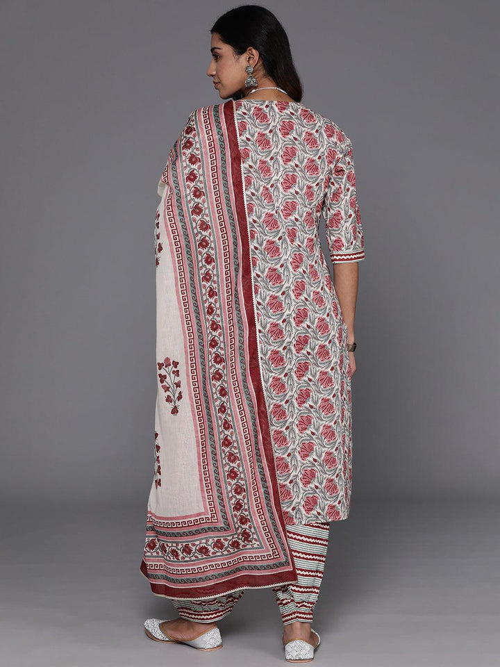 Grey Printed Cotton Straight Kurta With Salwar & Dupatta - ShopLibas