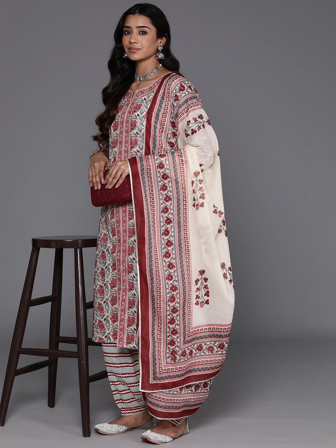 Grey Printed Cotton Straight Kurta With Salwar & Dupatta - ShopLibas