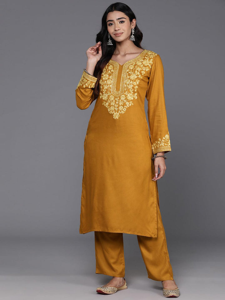 Mustard Yoke Design Wool Blend Straight Kurta With Palazzos - ShopLibas