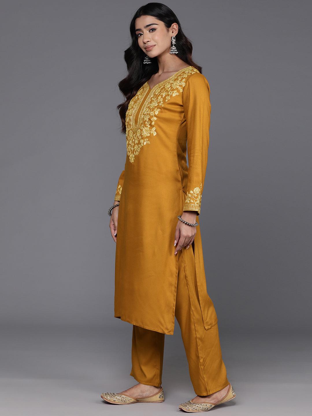 Mustard Yoke Design Wool Blend Straight Kurta With Palazzos - ShopLibas