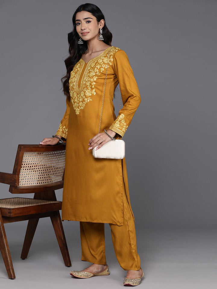 Mustard Yoke Design Wool Blend Straight Kurta With Palazzos - ShopLibas