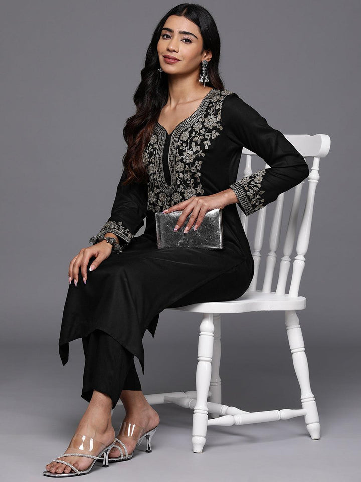 Black Yoke Design Wool Blend Straight Kurta With Palazzos - ShopLibas