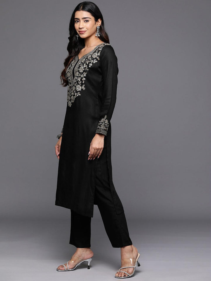 Black Yoke Design Wool Blend Straight Kurta With Palazzos - ShopLibas