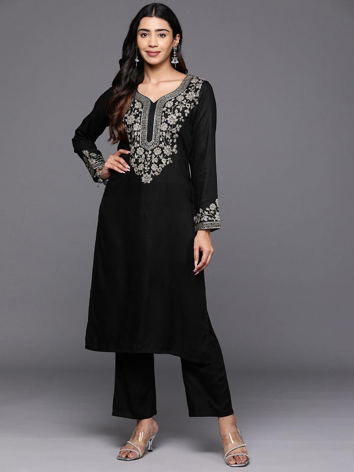 Black Yoke Design Wool Blend Straight Kurta With Palazzos - ShopLibas