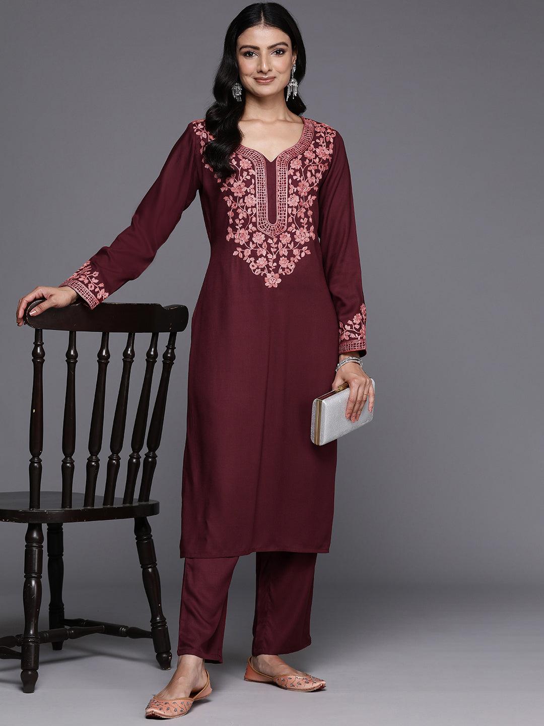 Maroon Yoke Design Wool Blend Straight Kurta With Palazzos - ShopLibas