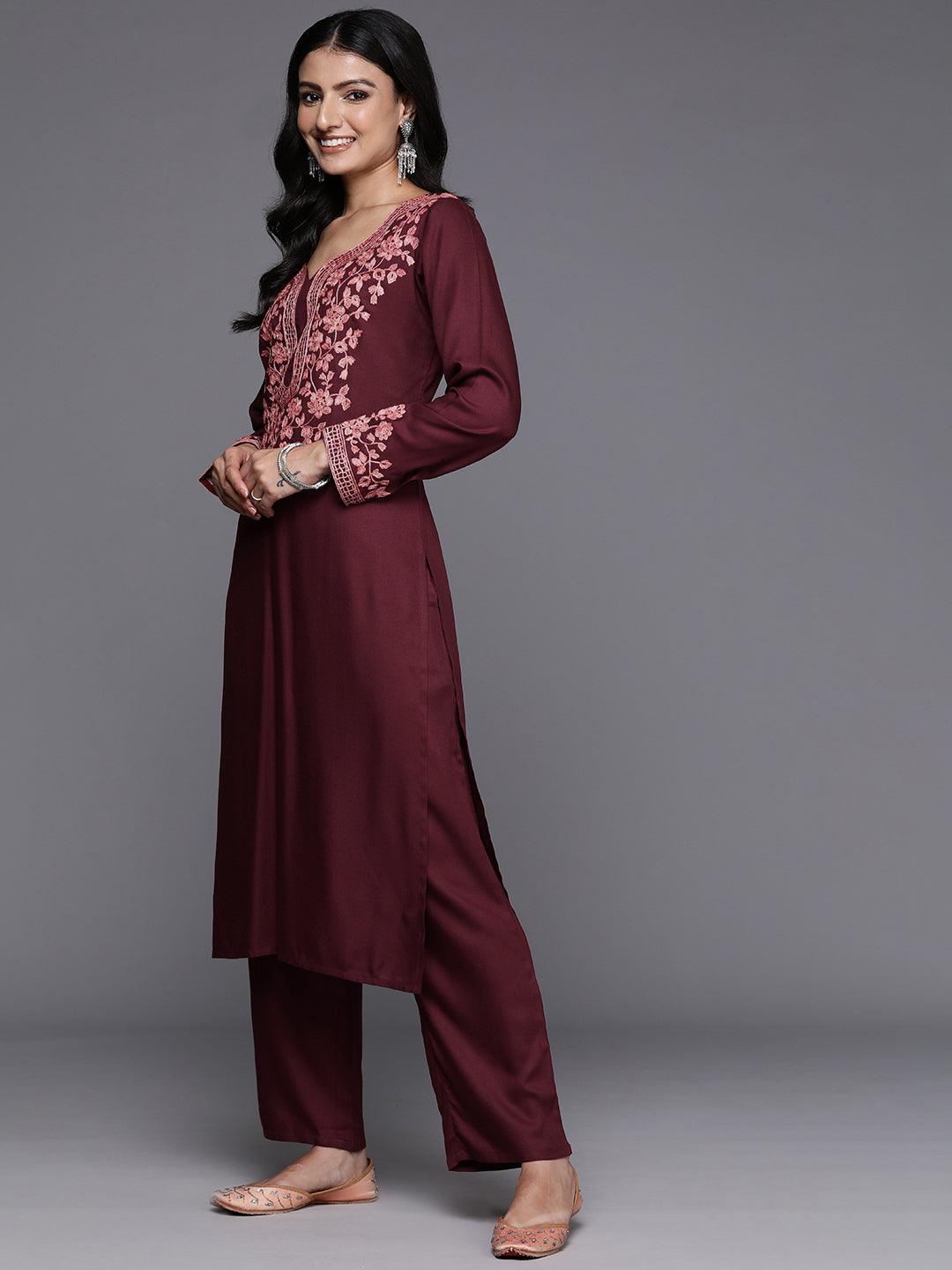 Maroon Yoke Design Wool Blend Straight Kurta With Palazzos - ShopLibas