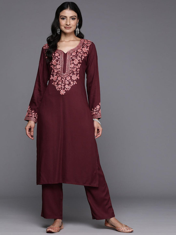 Maroon Yoke Design Wool Blend Straight Kurta With Palazzos - ShopLibas