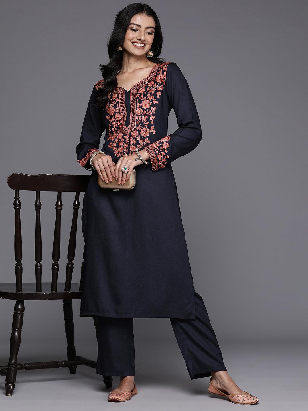 Navy Yoke Design Wool Blend Straight Kurta With Palazzos - ShopLibas