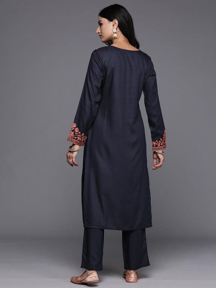 Navy Yoke Design Wool Blend Straight Kurta With Palazzos - ShopLibas