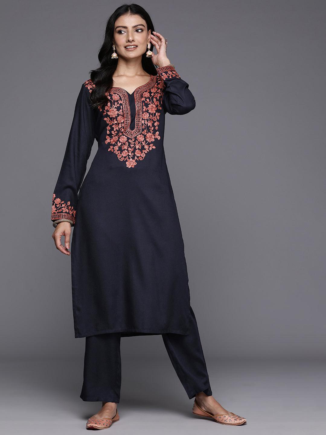 Navy Yoke Design Wool Blend Straight Kurta With Palazzos - ShopLibas