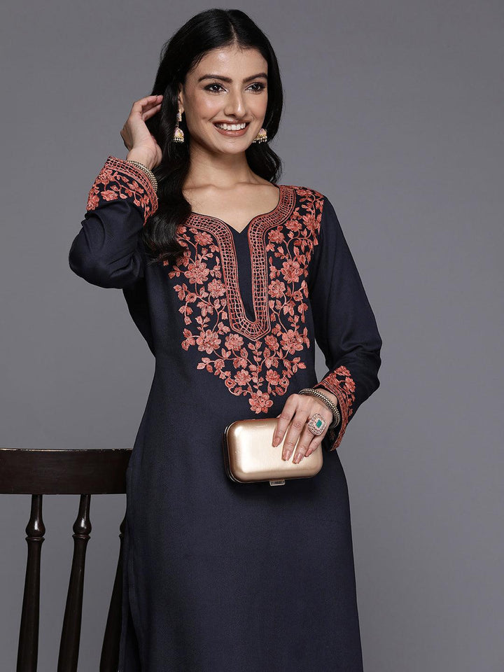 Navy Yoke Design Wool Blend Straight Kurta With Palazzos - ShopLibas