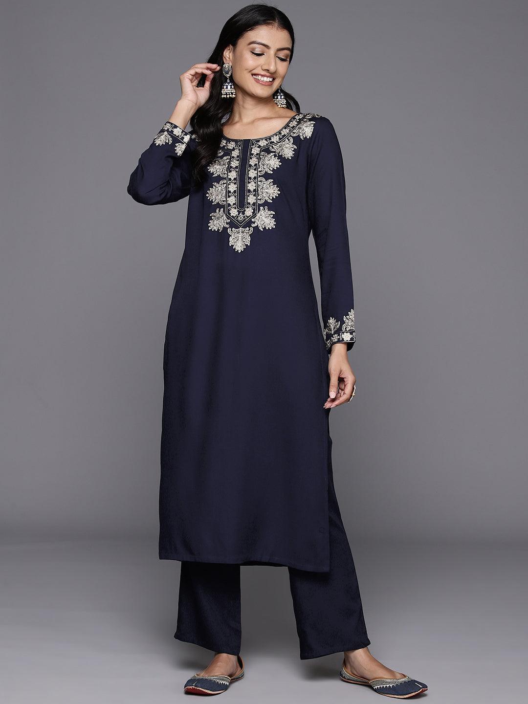 Navy Blue Yoke Design Wool Blend Straight Kurta With Palazzos - ShopLibas