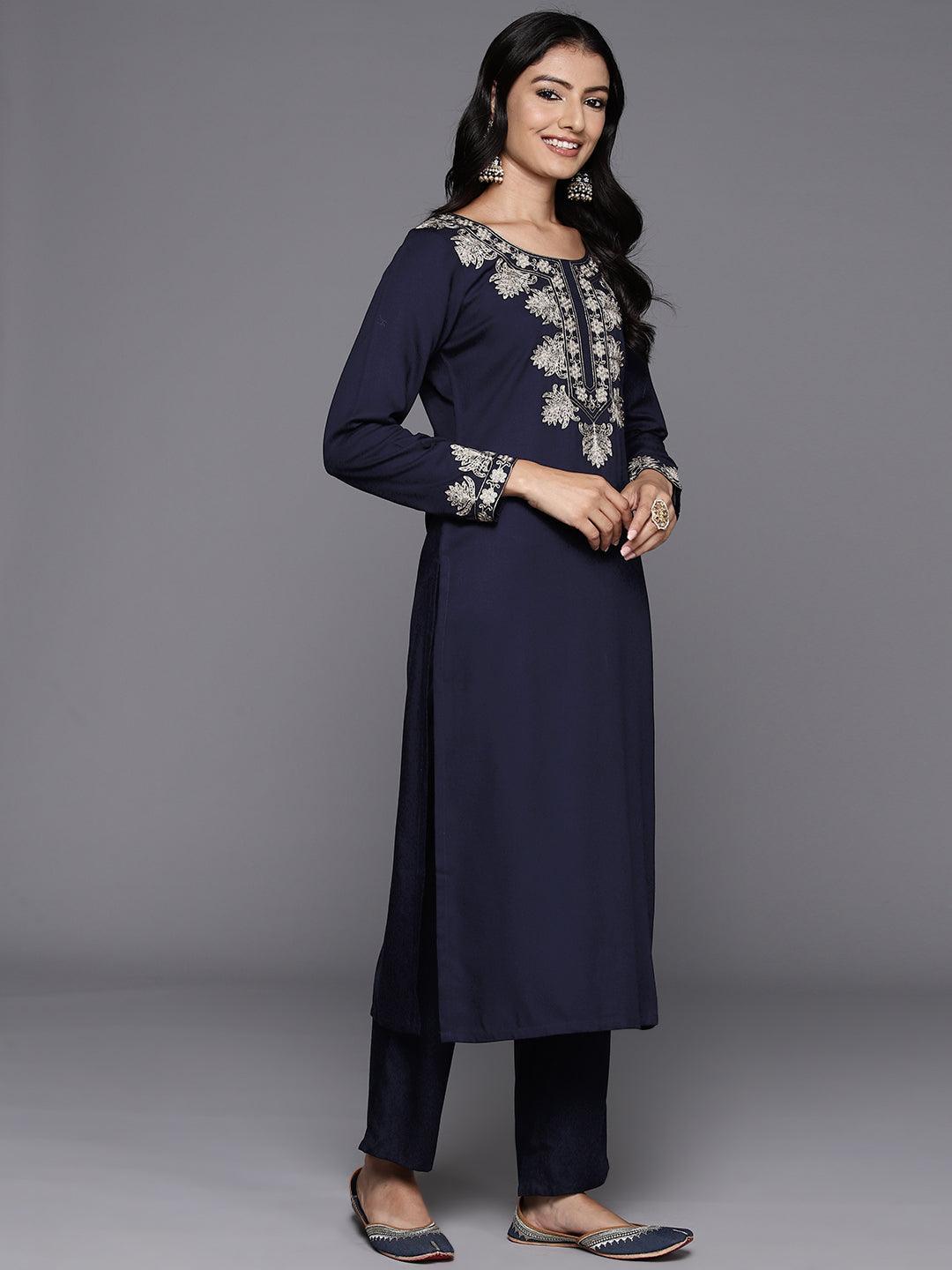 Blue Yoke Design Wool Blend Straight Kurta Set