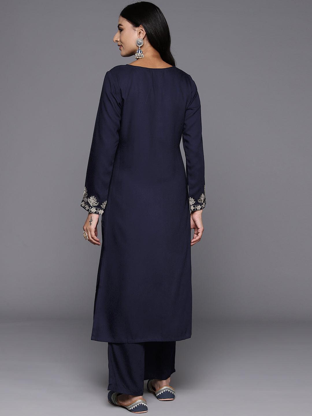 Navy Blue Yoke Design Wool Blend Straight Kurta With Palazzos - ShopLibas