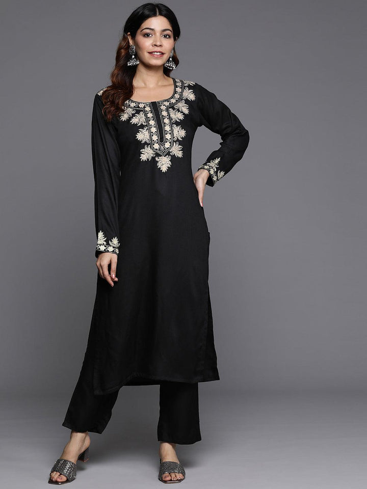 Black Yoke Design Wool Blend Straight Kurta With Palazzos - ShopLibas