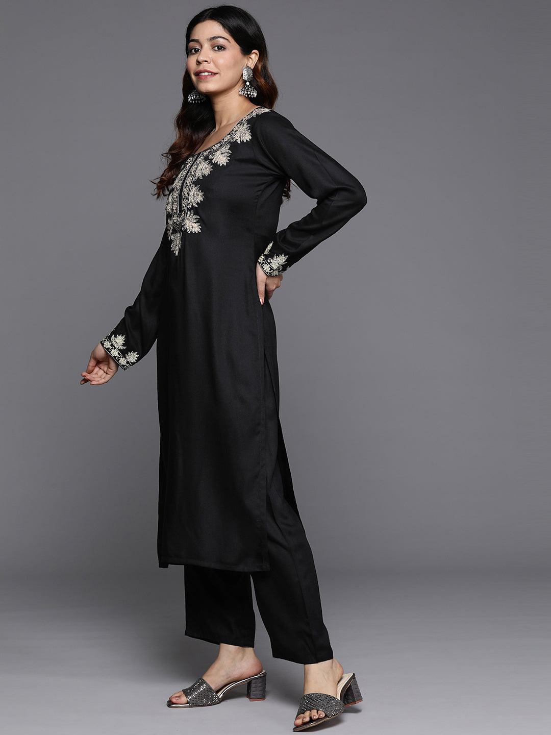 Black Yoke Design Wool Blend Straight Kurta With Palazzos - ShopLibas