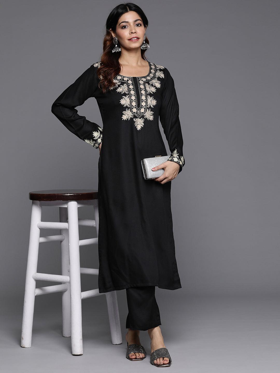 Black Yoke Design Wool Blend Straight Kurta With Palazzos - ShopLibas