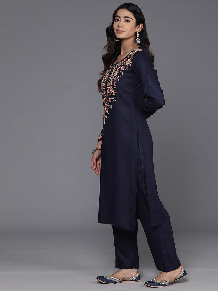 Navy Yoke Design Wool Blend Straight Kurta With Palazzos - ShopLibas