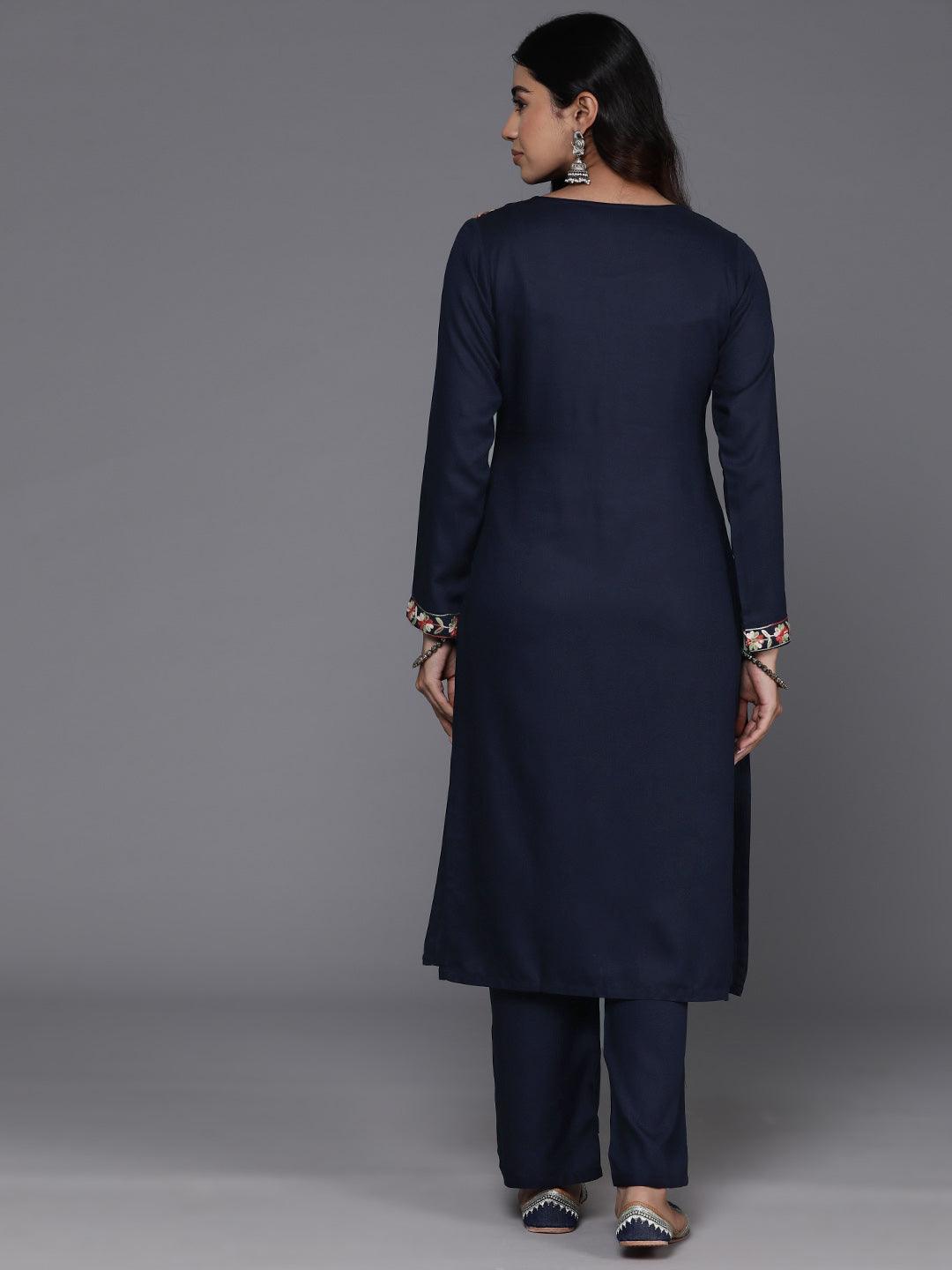 Navy Yoke Design Wool Blend Straight Kurta With Palazzos - ShopLibas