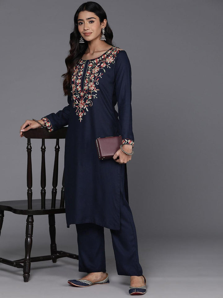 Navy Yoke Design Wool Blend Straight Kurta With Palazzos - ShopLibas