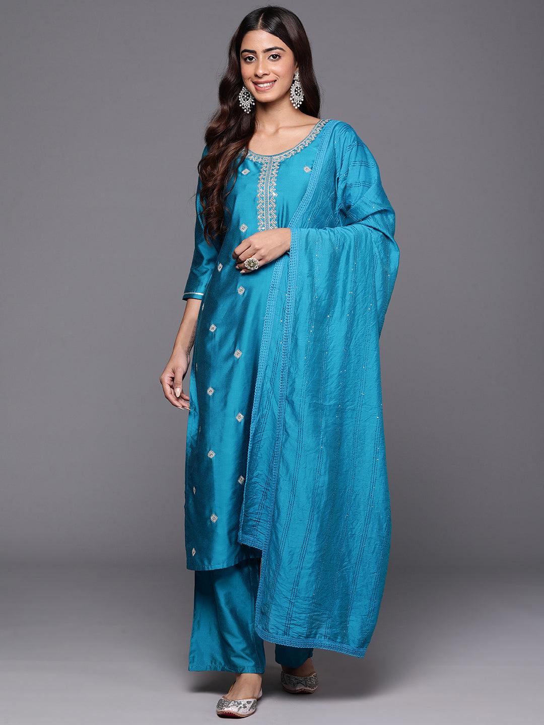 Blue Embroidered Silk Blend Straight Suit With Dupatta