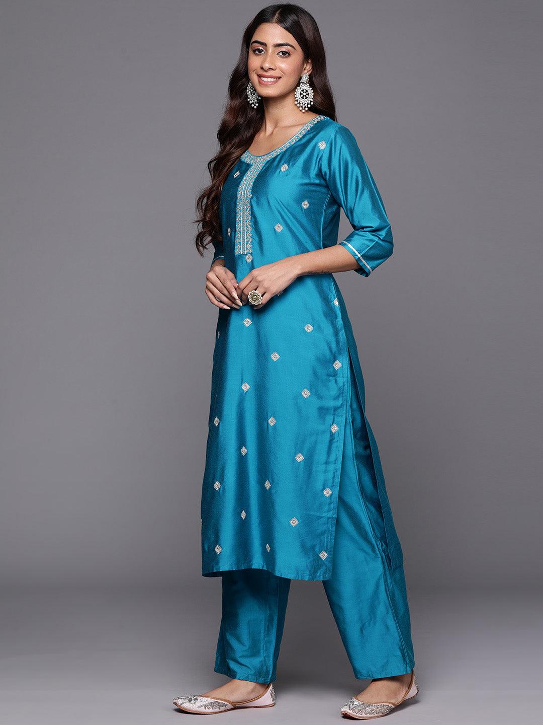 Blue Embroidered Silk Blend Straight Suit With Dupatta