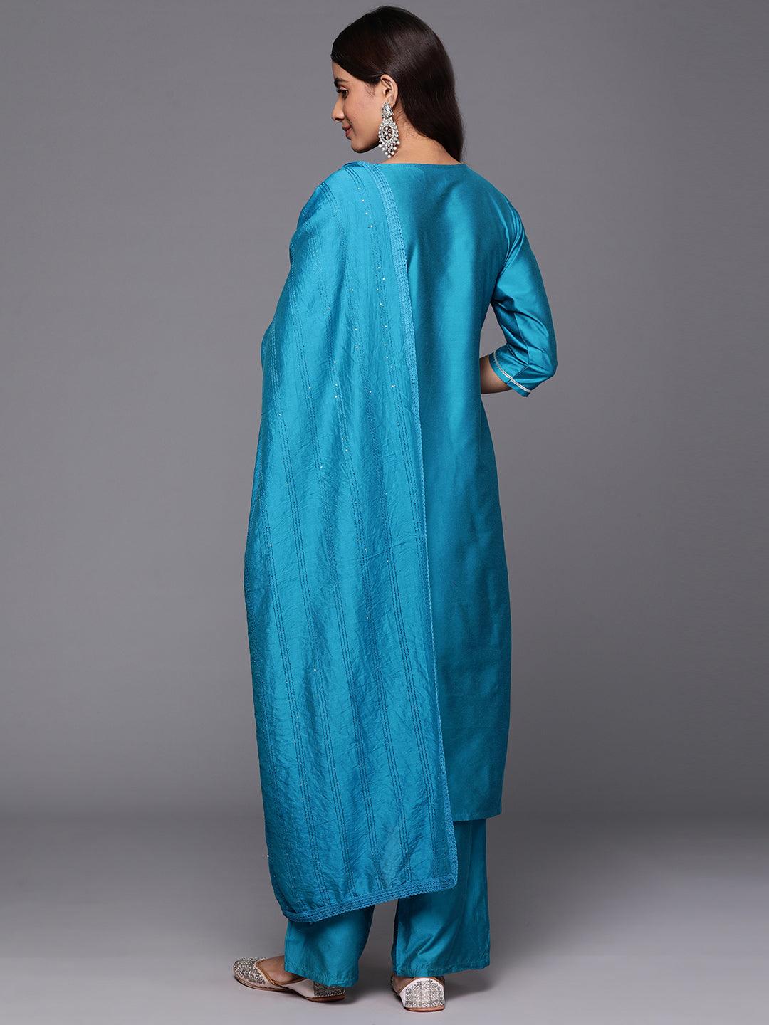 Blue Embroidered Silk Blend Straight Suit With Dupatta