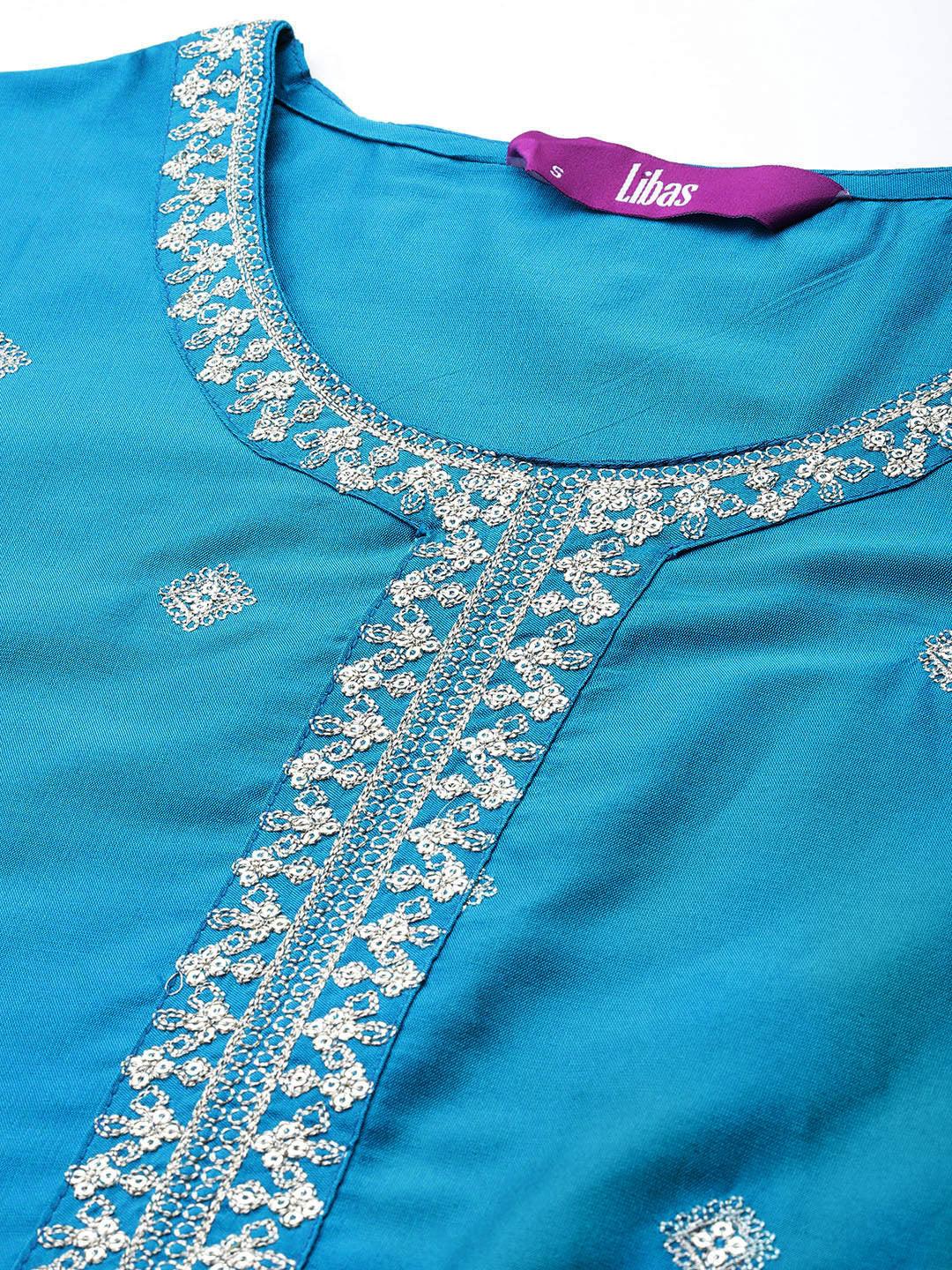 Blue Embroidered Silk Blend Straight Suit With Dupatta