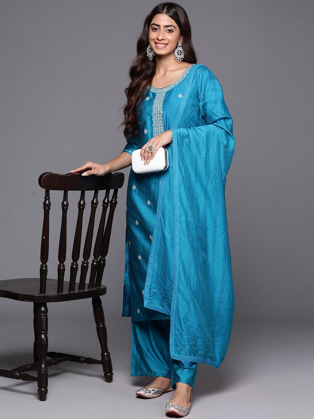 Blue Embroidered Silk Blend Straight Suit With Dupatta