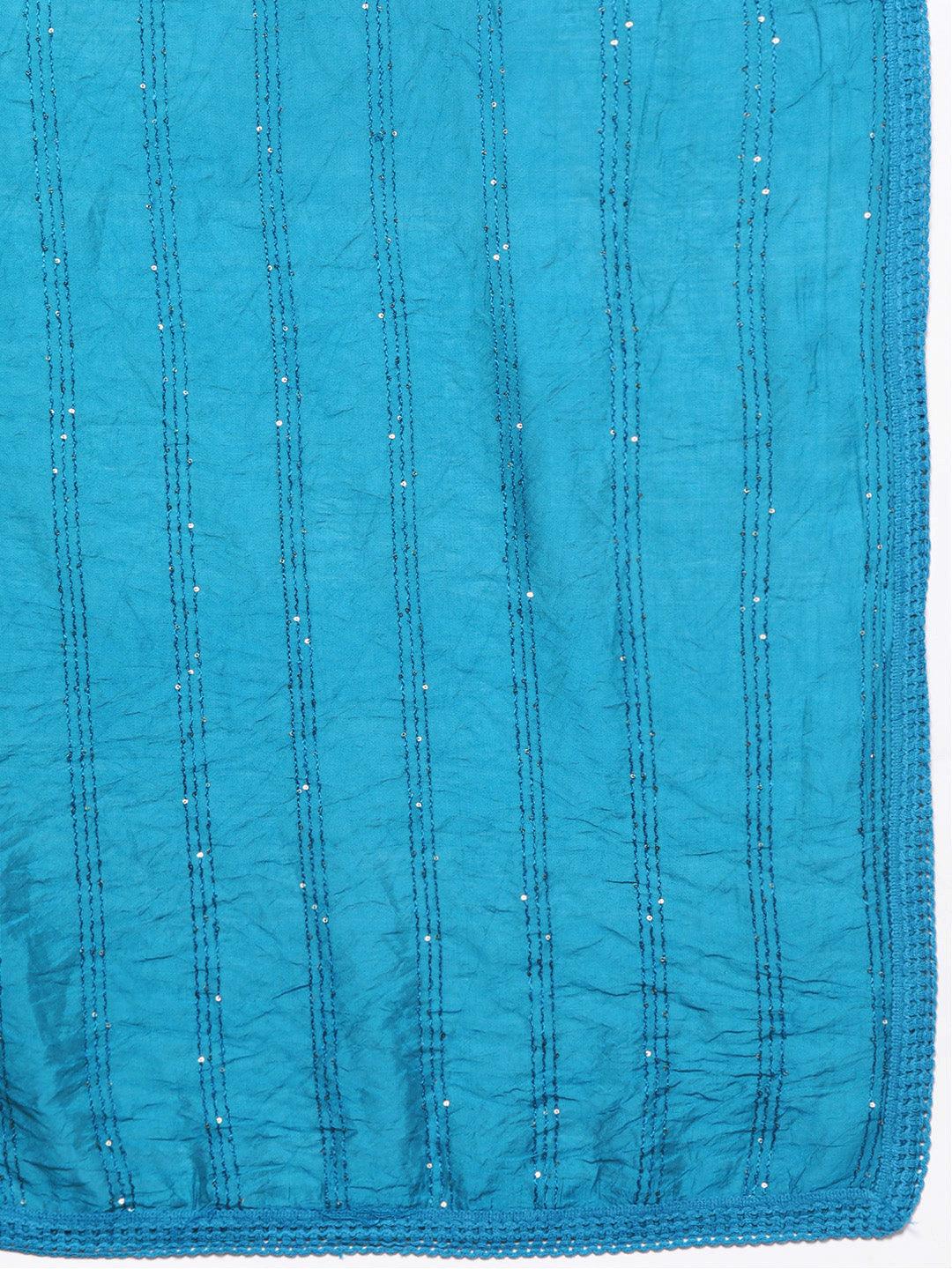 Blue Embroidered Silk Blend Straight Suit With Dupatta