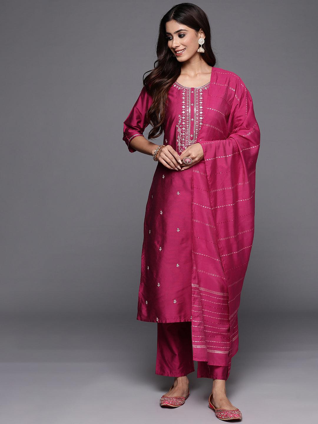 Pink Woven Design Silk Blend Straight Kurta With Trousers & Dupatta - ShopLibas